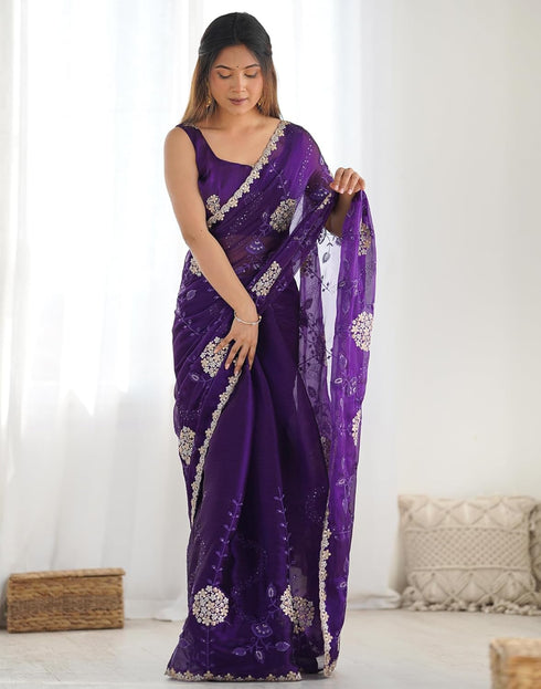 Vasthrlay Sequence Embroidery Unstitched Red Saree