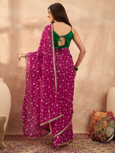 Vasthrlay Vasthrlaywomenspinkgeorgettebandhaniprintembroideredlaceworksareewithunstitchedblousepiece Sareeforwoman Designersareeforwomen Tr Ethnic Wear
