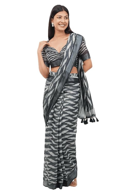 Vasthrlay Grey Multi Print Design Linen Ready To Wear Saree