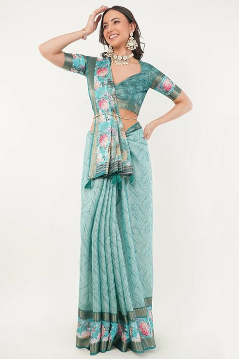Vasthrlay Turquoise Blue Patchwork Print Polyester Saree With Zari Border And Unstitched Blouse Piece