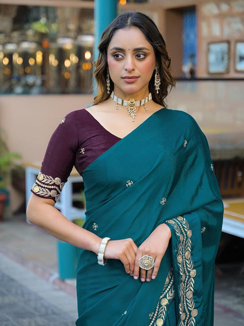 Vasthrlay Chinnon Embroidery Lime Saree
