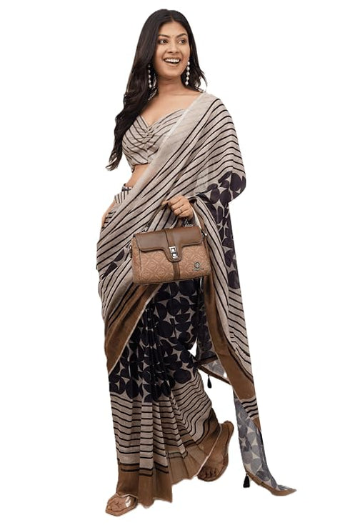 Vasthrlay Beige Multi Print Design Linen Ready To Wear Saree For Women