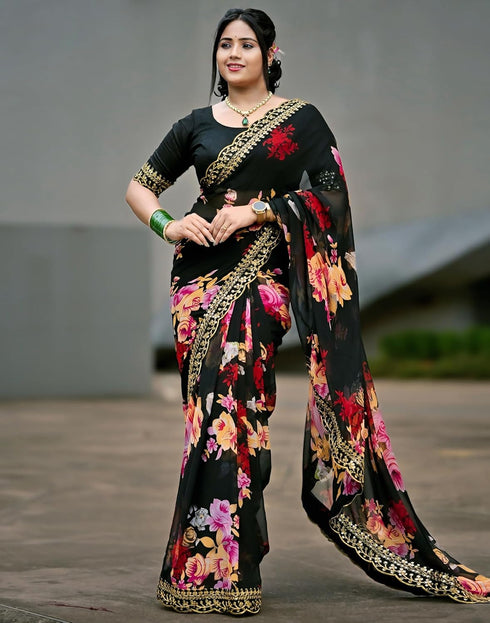 Vasthrlay Georgette Printed Unstitched Red Saree