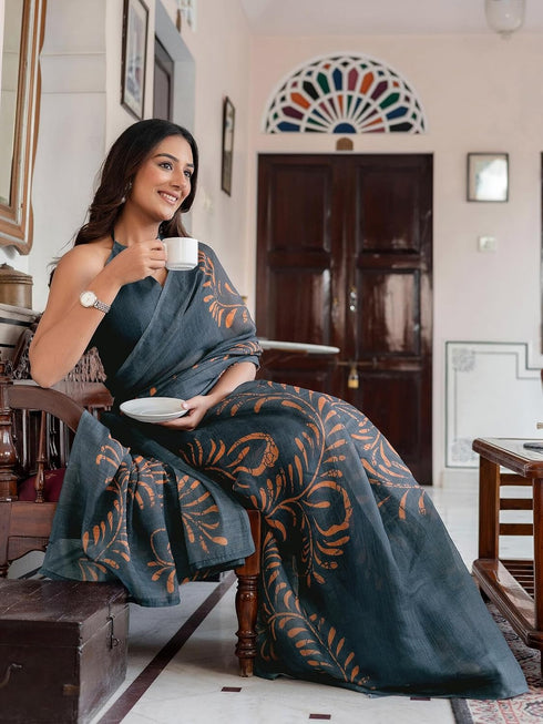 Vasthrlay Womens Printed Dusty Rama Blue Saree With Unstitched Blouse Piece