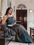 Vasthrlay Womens Printed Dusty Rama Blue Saree With Unstitched Blouse Piece