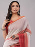 Vasthrlay Red Linen Floral| Striped| Check Design Printed Saree With Solid Unstitched Linen Blouse Piece