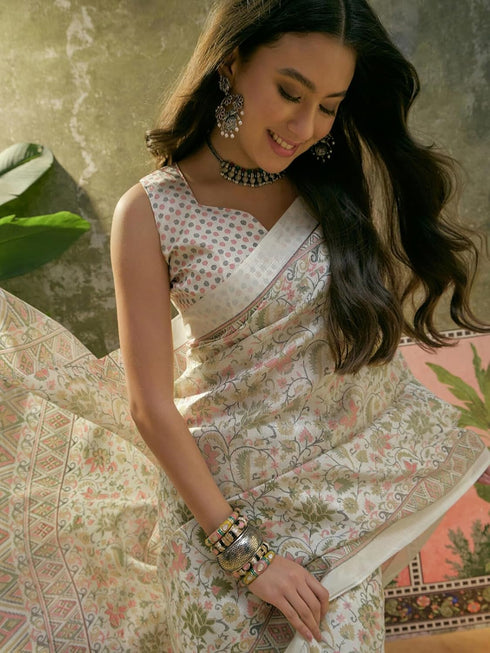 Vasthrlay Womens Printed Unstitched Beige Saree