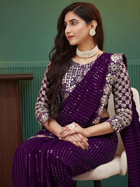 Vasthrlay Georgette Embrodered Mauve Saree