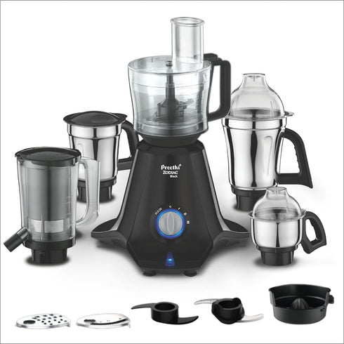 Preethi Zodiac Mixer Grinder, 5 Jars: Food Processor + 3 SS Jars + Juicer, Black