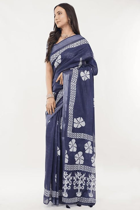 Vasthrlay Womens Off White1 Botanical Printed Linen Saree With Self Woven Border And Unstitched Blouse Piece