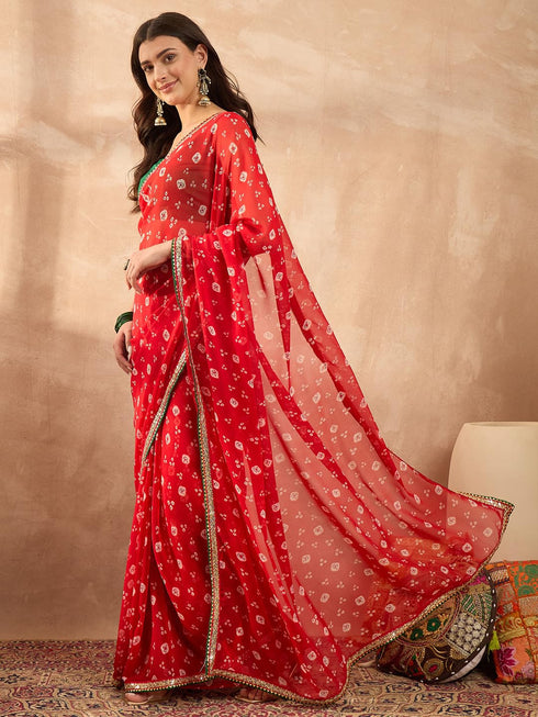 Vasthrlay Vasthrlaywomensredgeorgettebandhaniprintembroideredlaceworksareewithunstitchedblousepiece Sareeforwoman Designersareeforwomen Tr Ethnic Wear