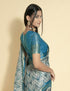 Vasthrlay Silver Grey Geometric Triangle Print Polyester Saree With Muted Gold Zari Border And Teal Blue Ruched Unstitched Blouse Piece