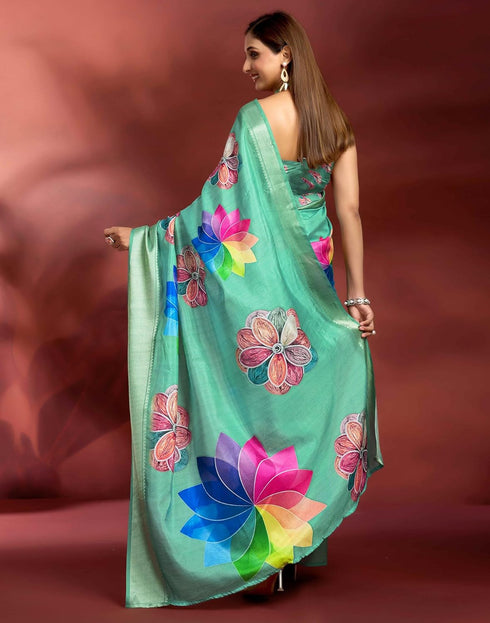 Vasthrlay Printed Jacquard Unstitched Rama Green Saree