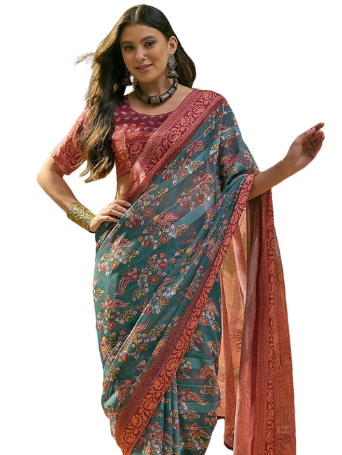 Vasthrlay Shimmer Georgette Dusty Teal Green Saree With Unstitched Blouse Piece