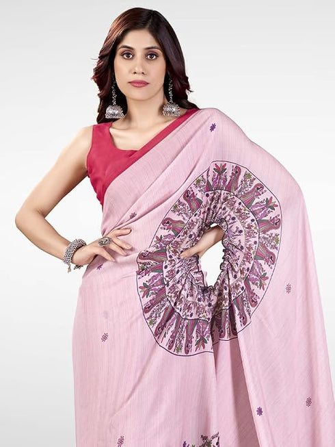 Vasthrlay Printed Kaftan Freehand Pink Women's Satin Saree With Unstitched Blouse Piece