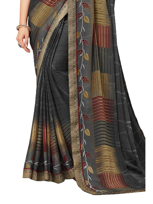 Vasthrlay Chiffon Tassels Unstitched Dark Green Saree