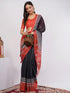 Vasthrlay Womens Rust Kathakali Print Linen Saree With Gold Zari Border And Unstitched Blouse Piece