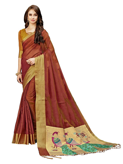 Vasthrlay Cotton Jari Digital Brown Gold Ethnic Wear