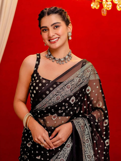 Vasthrlay Georgette Printed Navy Navy Blue Saree