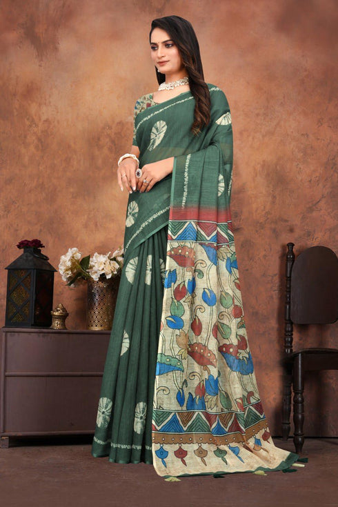 Vasthrlay Pure Linen Cotton Green Saree with Kalamkari Print Border