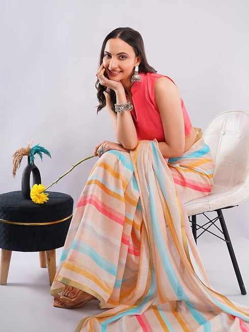 Vasthrlay Women'S Multicolour Chevron Printed Linen Saree With Unstitched Blouse