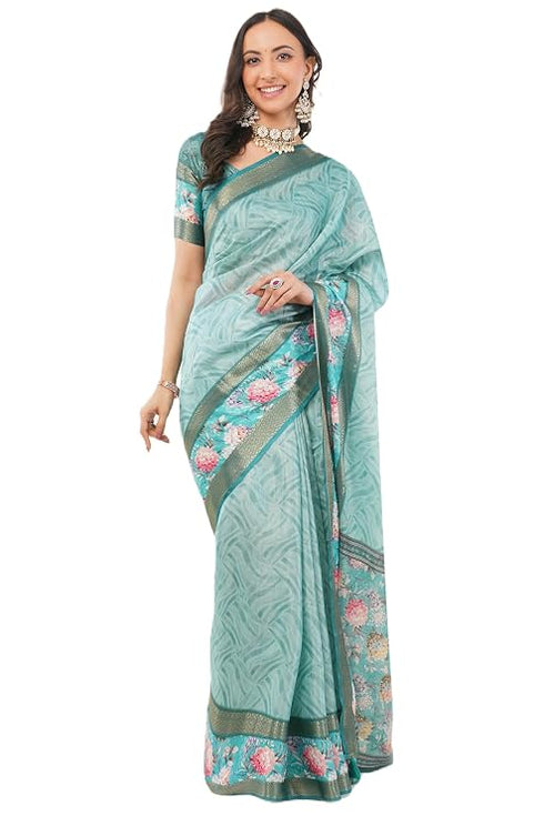 Vasthrlay Turquoise Blue Patchwork Print Polyester Saree With Zari Border And Unstitched Blouse Piece