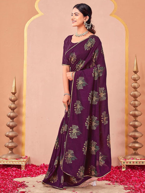 Vasthrlay Vichitra Printed Wine Saree With Unstitched Blouse Piece