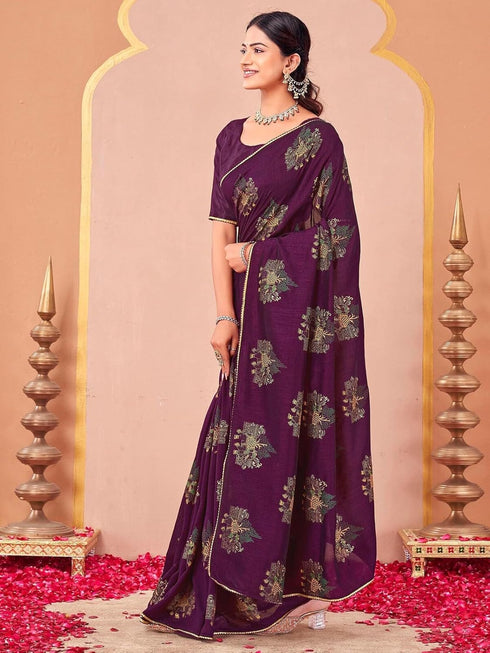 Vasthrlay Vichitra Printed Unstitched Maroon Saree