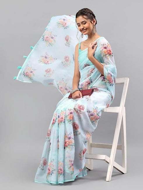 Vasthrlay Blue1 Floral Printed Organza Saree With Unstitched Blouse