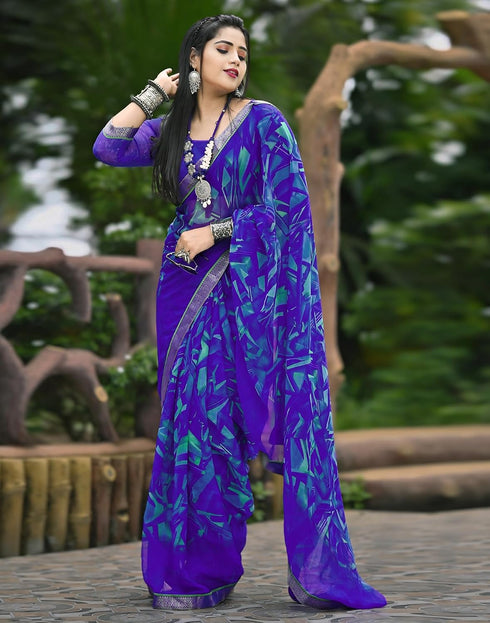 Vasthrlay Chiffon Printed Blue Saree With Unstitched Blouse Piece