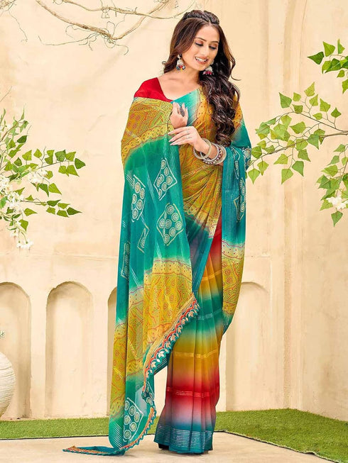 Vasthrlay Georgette Bandhani Unstitched Pink Saree