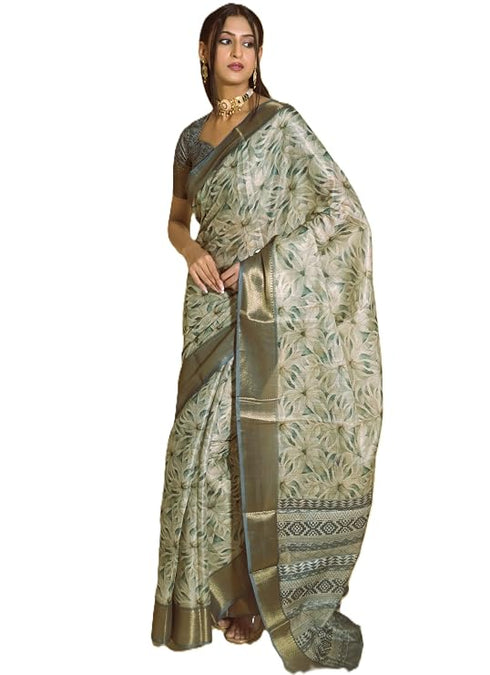 Vasthrlay Steel Grey Beige Geometric Triangle Print Polyester Saree With Muted Gold Zari Border And Teal Blue Ruched Unstitched Blouse Piece