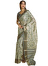 Vasthrlay Steel Grey Beige Geometric Triangle Print Polyester Saree With Muted Gold Zari Border And Teal Blue Ruched Unstitched Blouse Piece