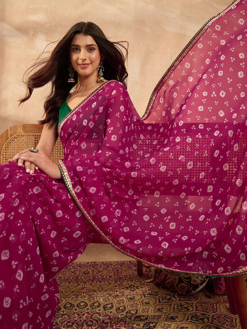 Vasthrlay Vasthrlaywomenspinkgeorgettebandhaniprintembroideredlaceworksareewithunstitchedblousepiece Sareeforwoman Designersareeforwomen Tr Ethnic Wear