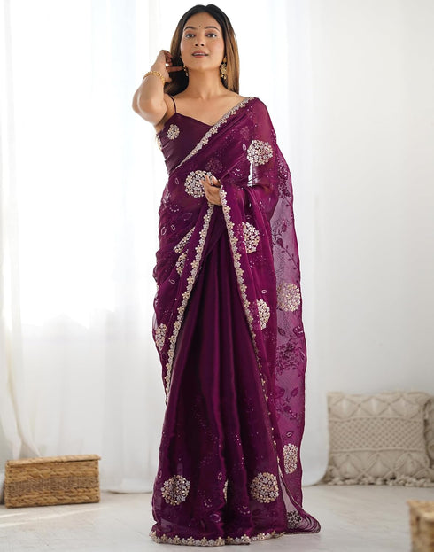 Vasthrlay Sequence Embroidery Unstitched Red Saree