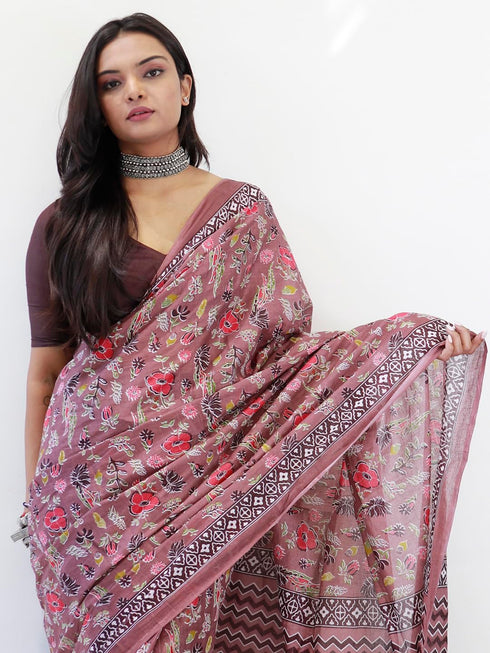 Vasthrlay Botanical Printed Unstitched Brown Smc Ethnic Wear