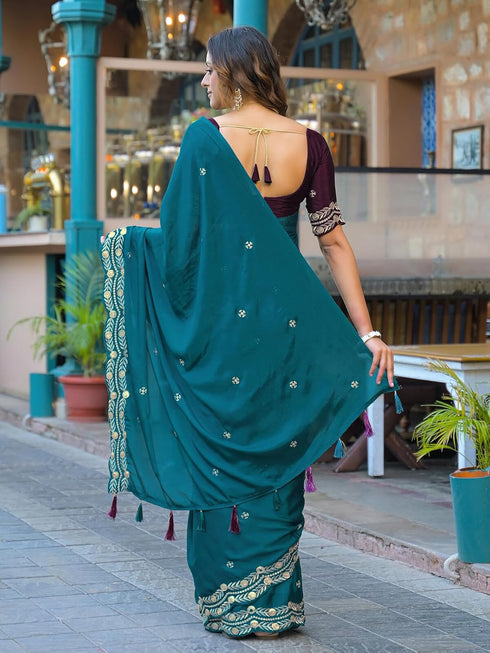 Vasthrlay Chinnon Embroidery Lime Saree