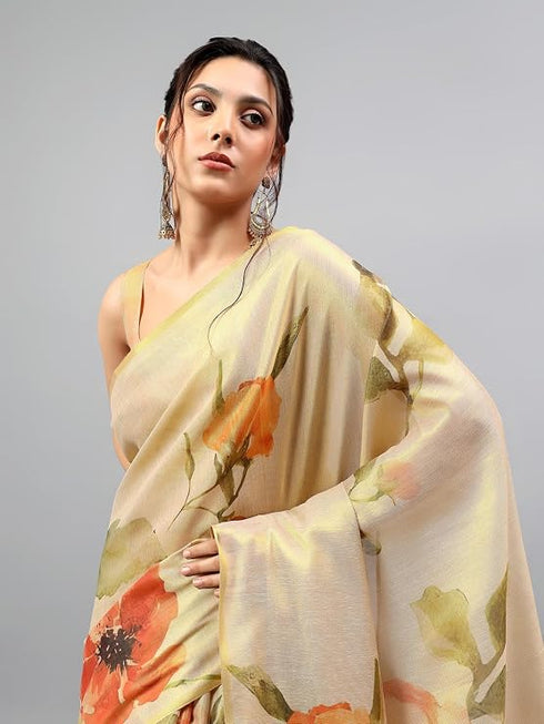 Vasthrlay Metallic Gold Heavy Zari Woven Silk Ethnic Saree With Unstitched Blouse
