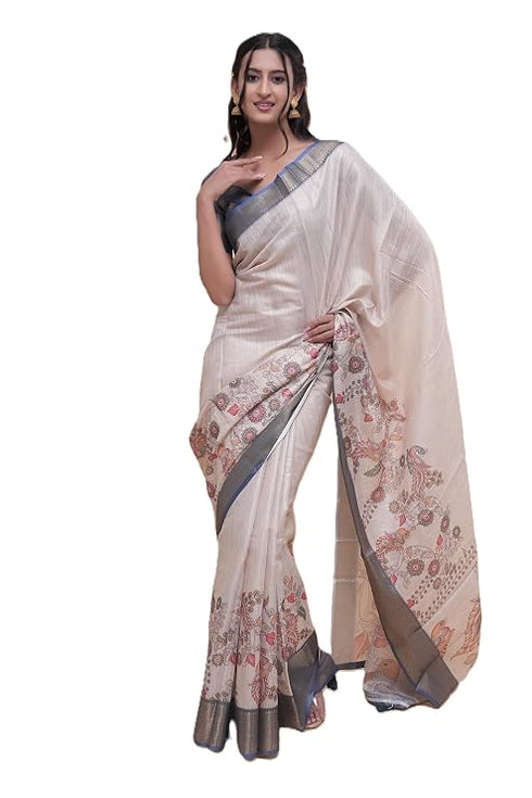 Vasthrlay Cream Abstract Print Polyester Saree With Antique Zari Border And Unstitched Blouse Piece