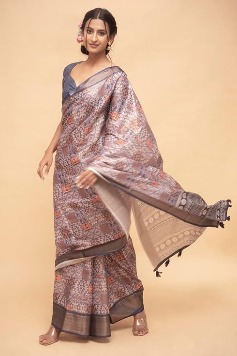Vasthrlay Mauve Abstract Print Polyester Saree With Antique Zari Border And Unstitched Blouse Piece