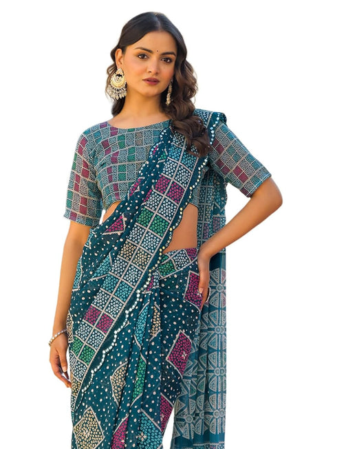 Vasthrlay Georgette Printed Navy Navy Blue Saree