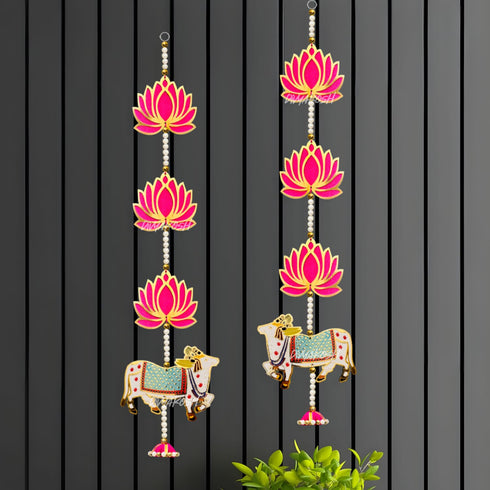 Divyakosh MDF Wood Door Entrance Hanging Set Lotus With Cow