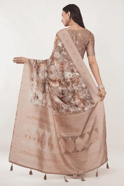 Vasthrlay Brown Floral Print Chanderi Silk Blend Saree With Unstitched Blouse Piece