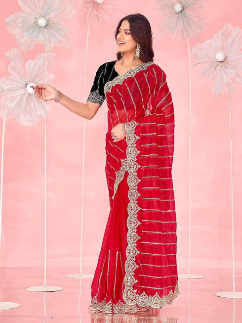 Vasthrlay Shimmer Embroidery Olive Saree