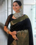 Vasthrlay Banarasi Jacquard Black And Golden Saree With Unstitched Blouse Piece