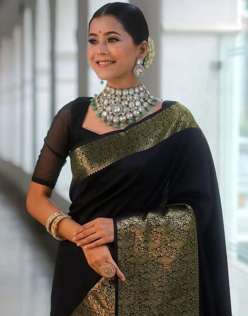 Vasthrlay Banarasi Jacquard Unstitched Dark Green Saree