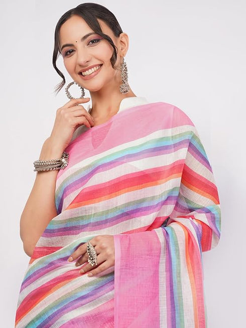 Vasthrlay Womens Multicolour1 Kathakali Print Linen Saree With Gold Zari Border And Unstitched Blouse Piece