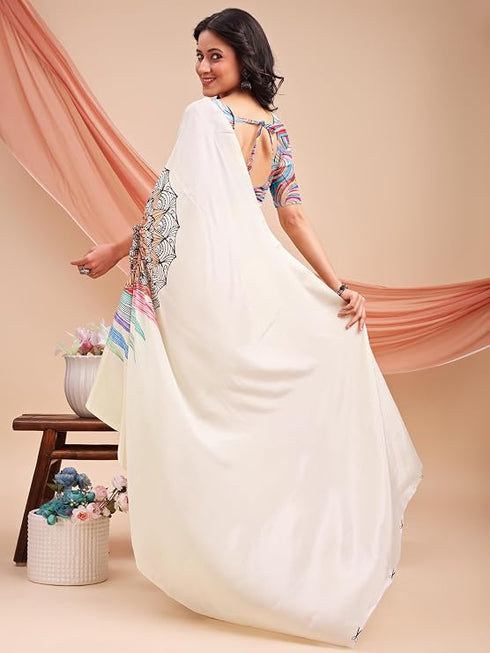 Vasthrlay Printed Kaftan Freehand Off White-Multi Bollywood Satin Saree with Unsticted Blouse Piece