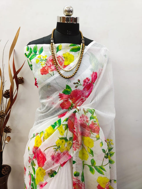 Vasthrlay White Printed Unstitched Saree