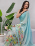 Vasthrlay Blue Printed Linen Saree With Unstitched Blouse Piece
